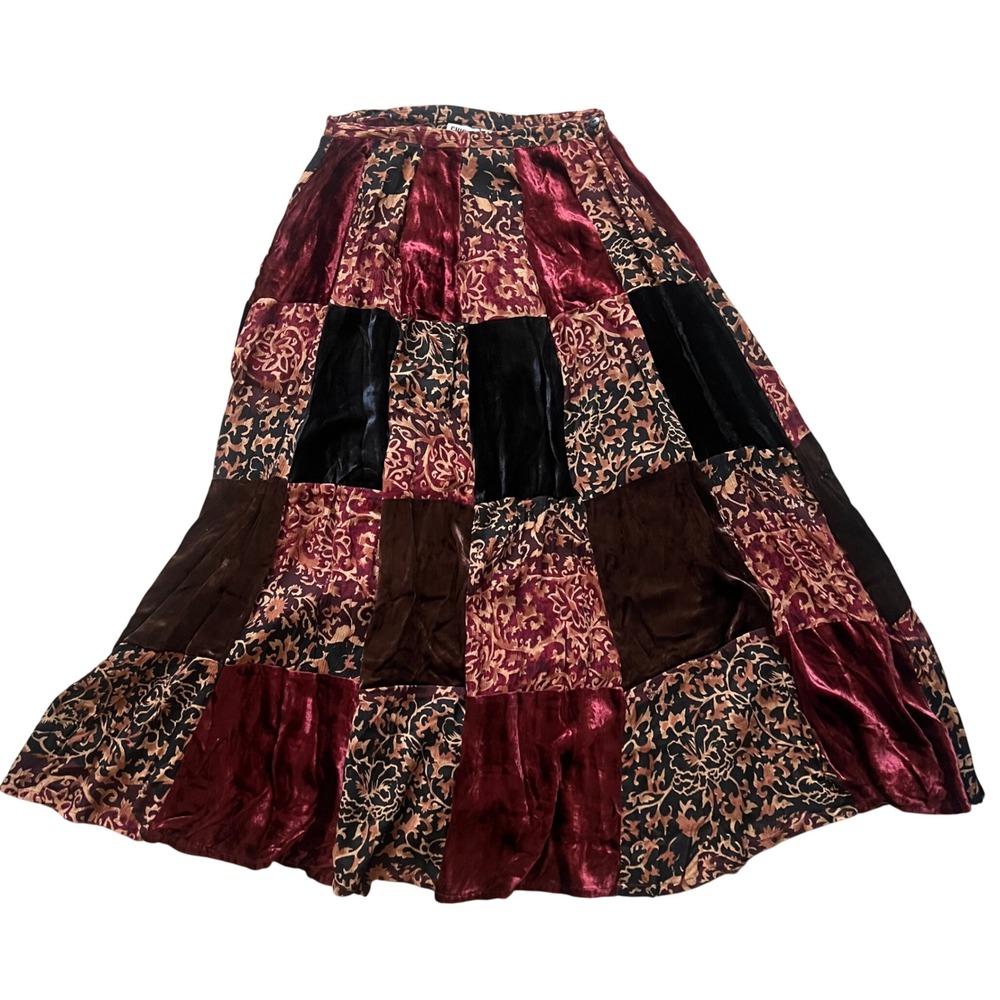 Chicos Design Vintage Velvet Patchwork Maxi Skirt Dark Academia Witchy Fall Sz 1